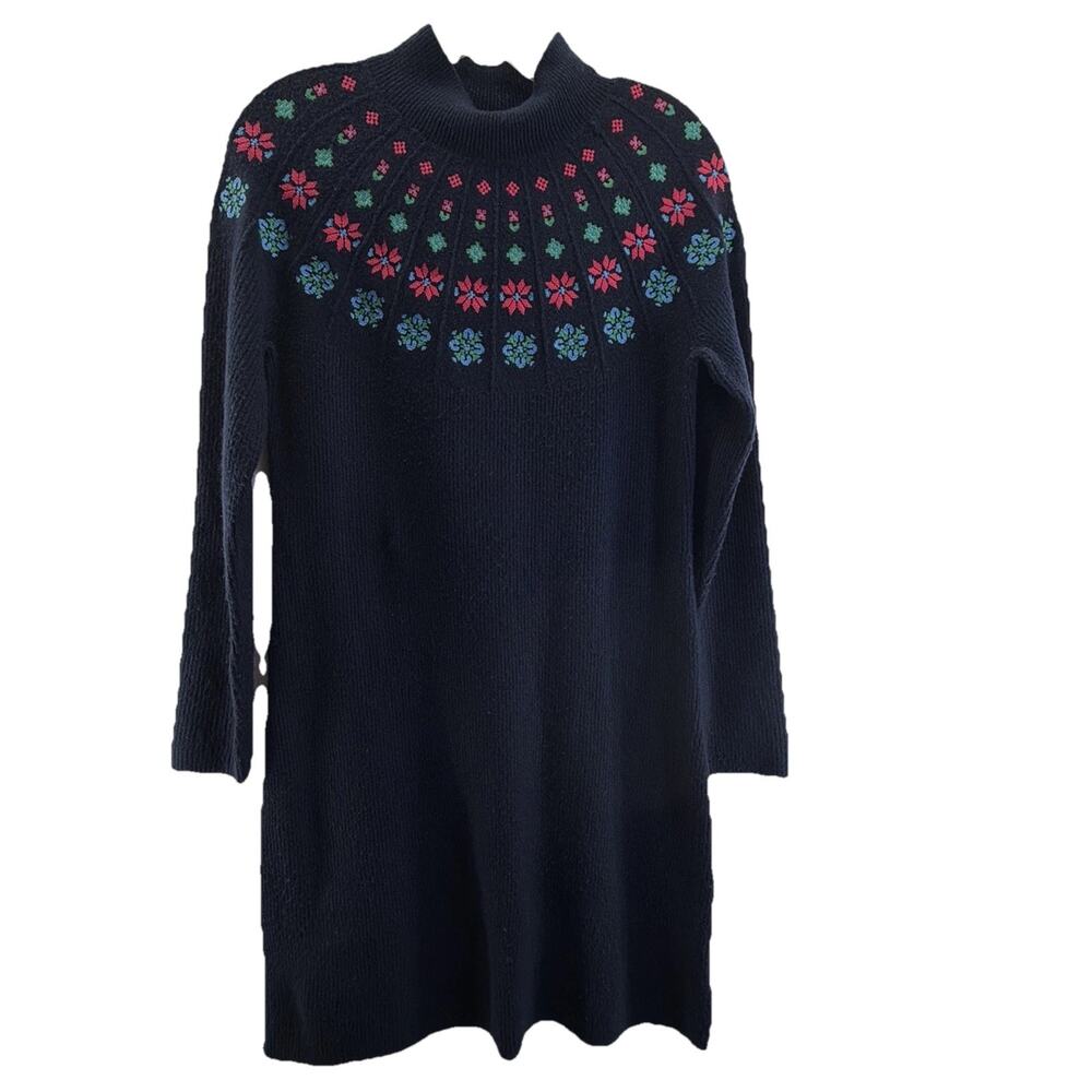 Talbots Fair Isle Embroidered Ribbed Knit Long Sleeve Dress Blue Small Petite